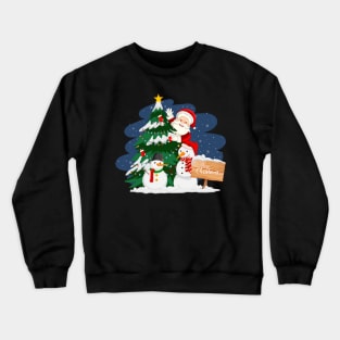 Santa claus with christmas tree and snowman at night Crewneck Sweatshirt